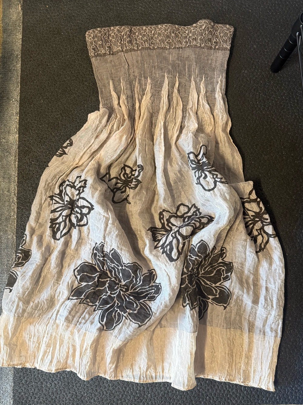 Strapless Beige Floral Smocked Midi Dress